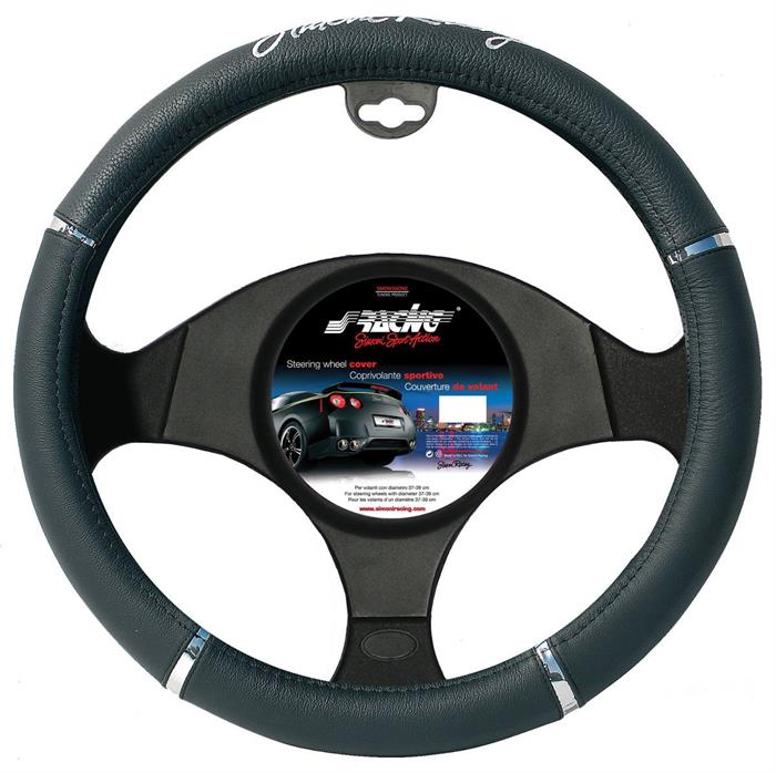 ΚΑΛΥΜΑ ΤΙΜΟΝΙΟΥ SIMONI RACING ΜΑΥΡΟ ΛΕΙΟ ECOΔΕΡΜΑ ΜΕ ΔΑΧΤΥΛΙΔΙΑ ΧΡΩΜΙΟΥ  ΜΕDIUM 37-39cm (KANONIKA TIMONIA)